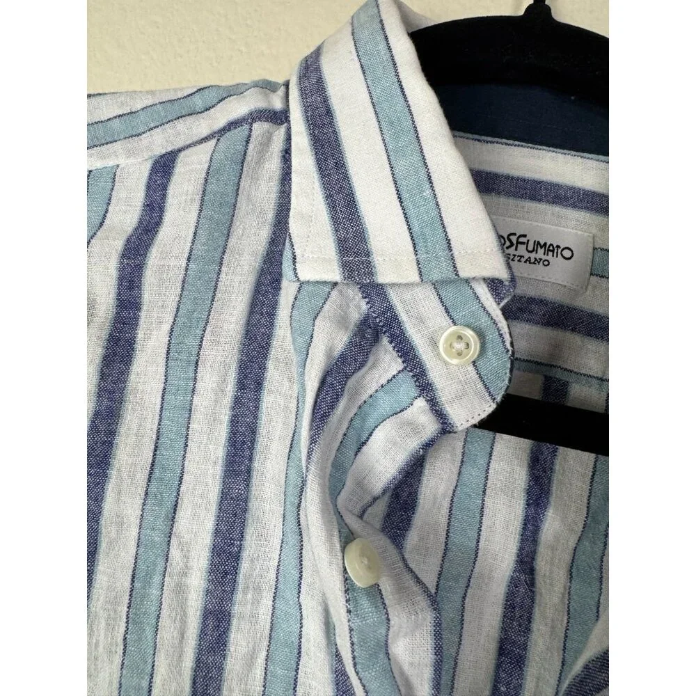Nerosfumato Positano Blue Striped Linen Button Up Shirt Men‎ Medium Long sleeve